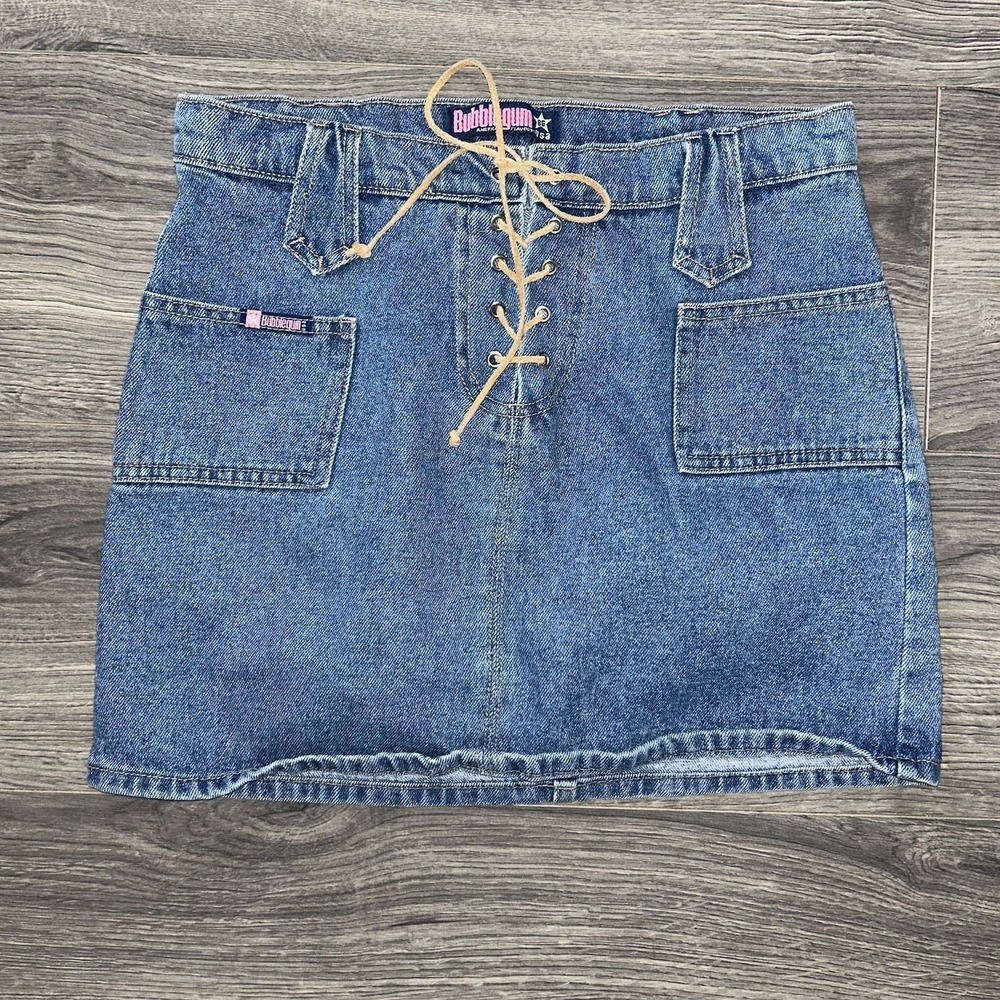 Y2K 2000s Bubblegum Lace Front Denim Mini Skirt Size 5/6 Vintage